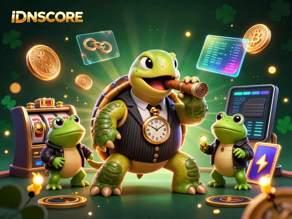 Experience IDNSCORE's thrilling casino vibes with a cartoon turtle mobster and bullfrogs amid vibrant game elements.