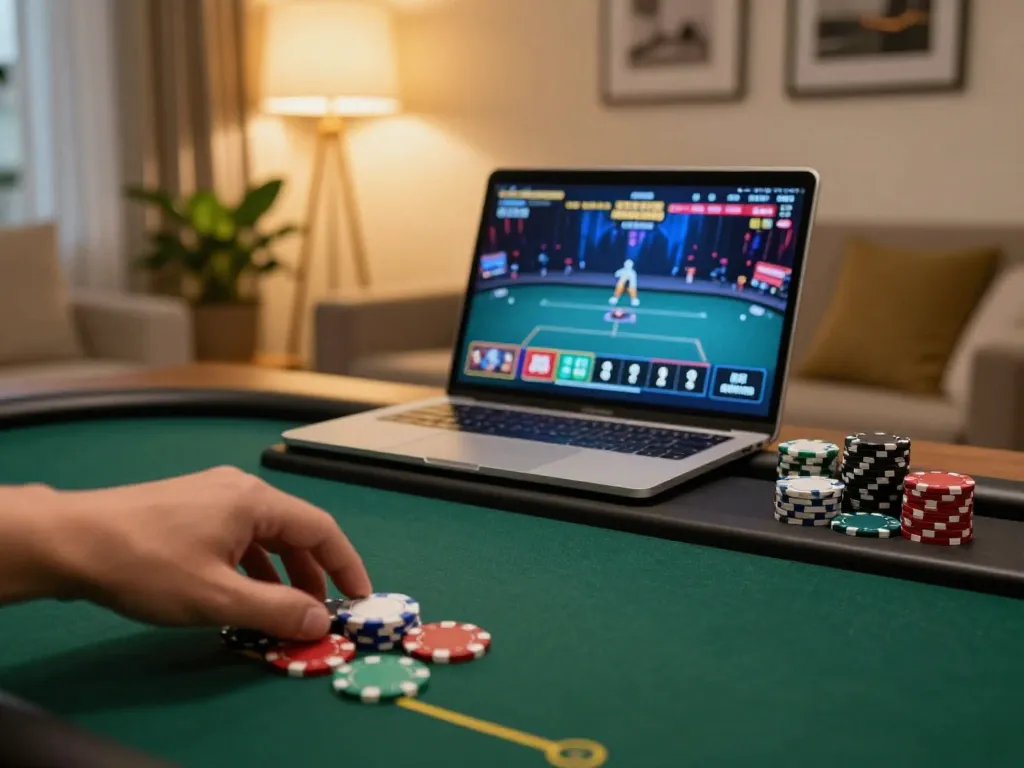 Engaged player placing chips in an online poker game on their tablet at gg88 com's comfortable setup