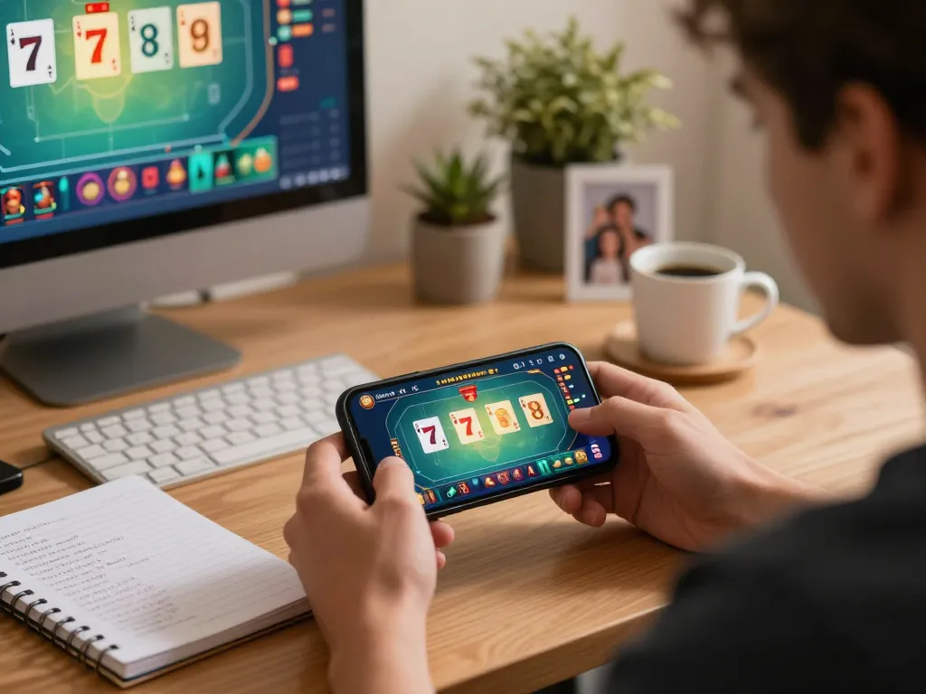 Player engaging with a 789 mobile poker game on smartphone in a cozy home office setting.