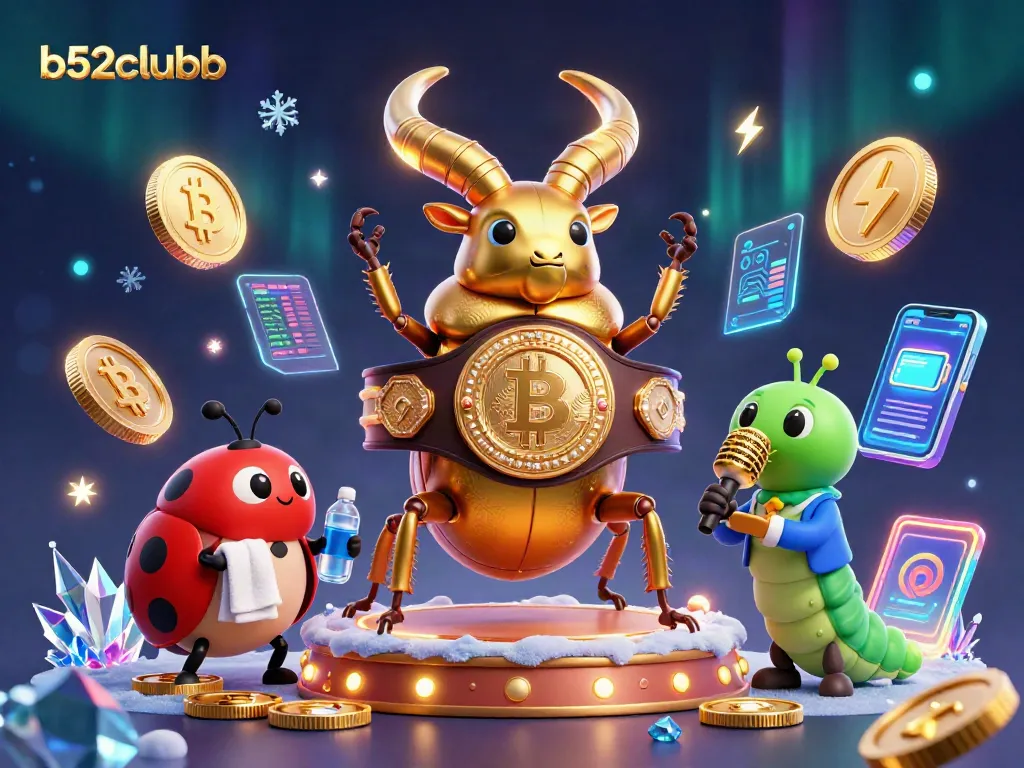 Engage with the humorous b52clubb scene featuring a boxer beetle, ladybug corner-man, and vibrant crypto elements.