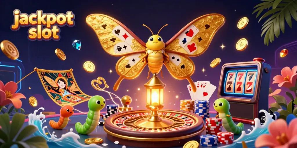 Experience the excitement of hitting a jackpot slot, with golden coins and vibrant game elements surrounding a majestic atlas moth and lantern.