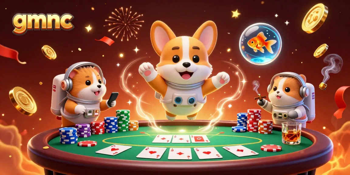 Engage in exciting gaming at gmnc's cosmic casino with an astronaut corgi and vibrant poker action.