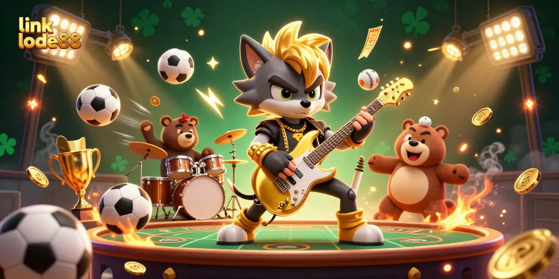 Experience the thrill of sports betting with link lode88 as the rock star wolf shreds the scene surrounded by dynamic sports elements.