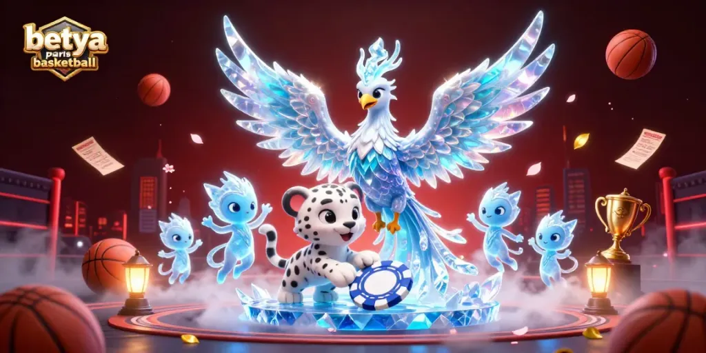 Betya paris basketball showcases a vibrant betting scene with an ice phoenix and sports elements in a dynamic illustration.