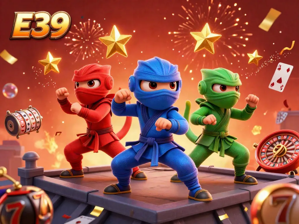 Engage in thrilling gambling with E39, where ninja chameleons battle amidst flying slots and cards.