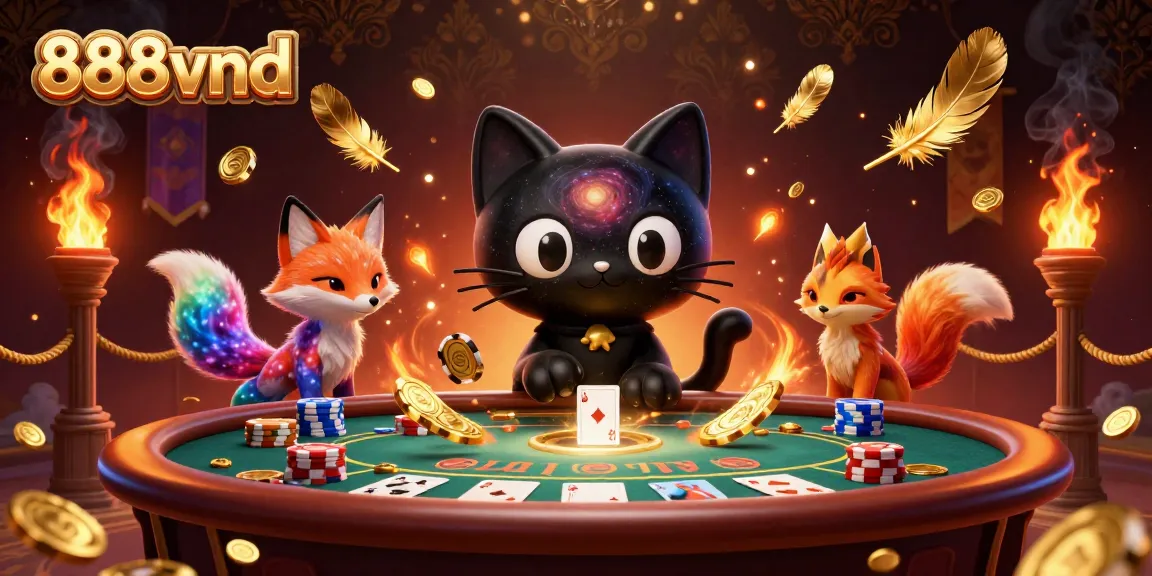 Engage with 888vnd's cosmic casino experience, featuring a captivating black hole cat and vibrant gameplay.