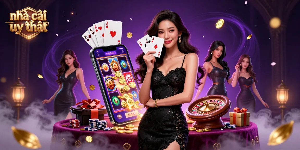 Experience the elegance of nhà cái uy tín with a stunning Asian woman holding playing cards amidst a vibrant casino setting.