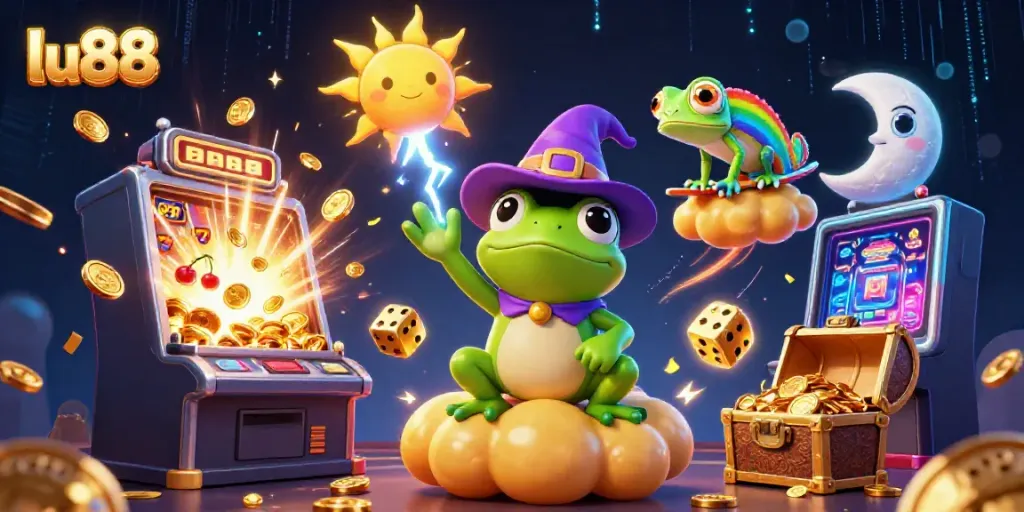 Experience exhilarating casino fun at lu88 with vibrant characters, golden coins, and dynamic game elements.