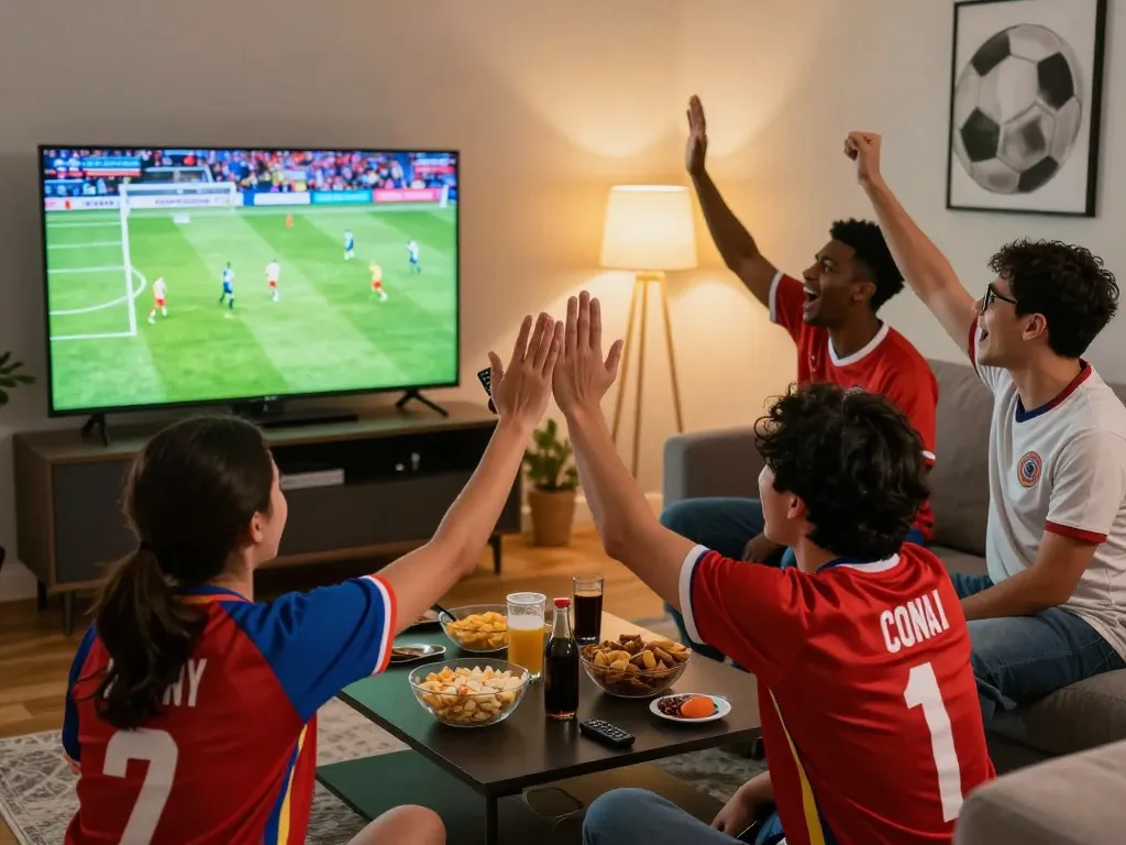 Fans enjoying a live soccer match on lương sơn tv in a lively living room atmosphere.